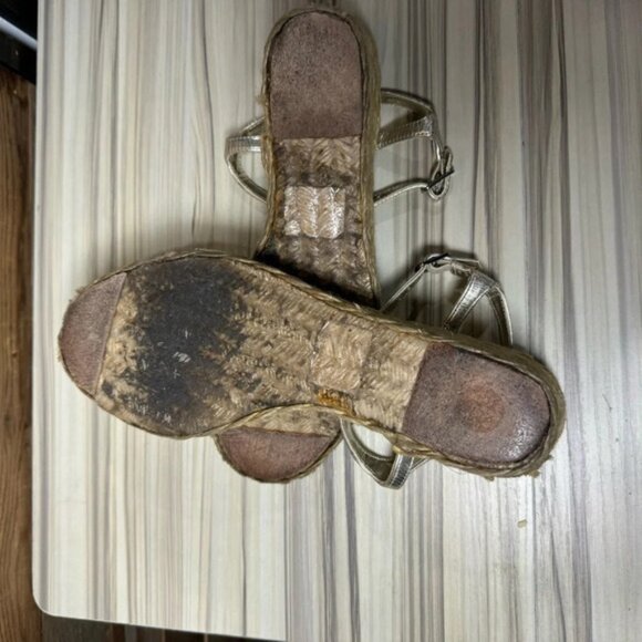 Ralph Lauren Corala Espadrilles Wedge  Sandals 7M rhinestone t strap silver tan - Picture 4 of 4